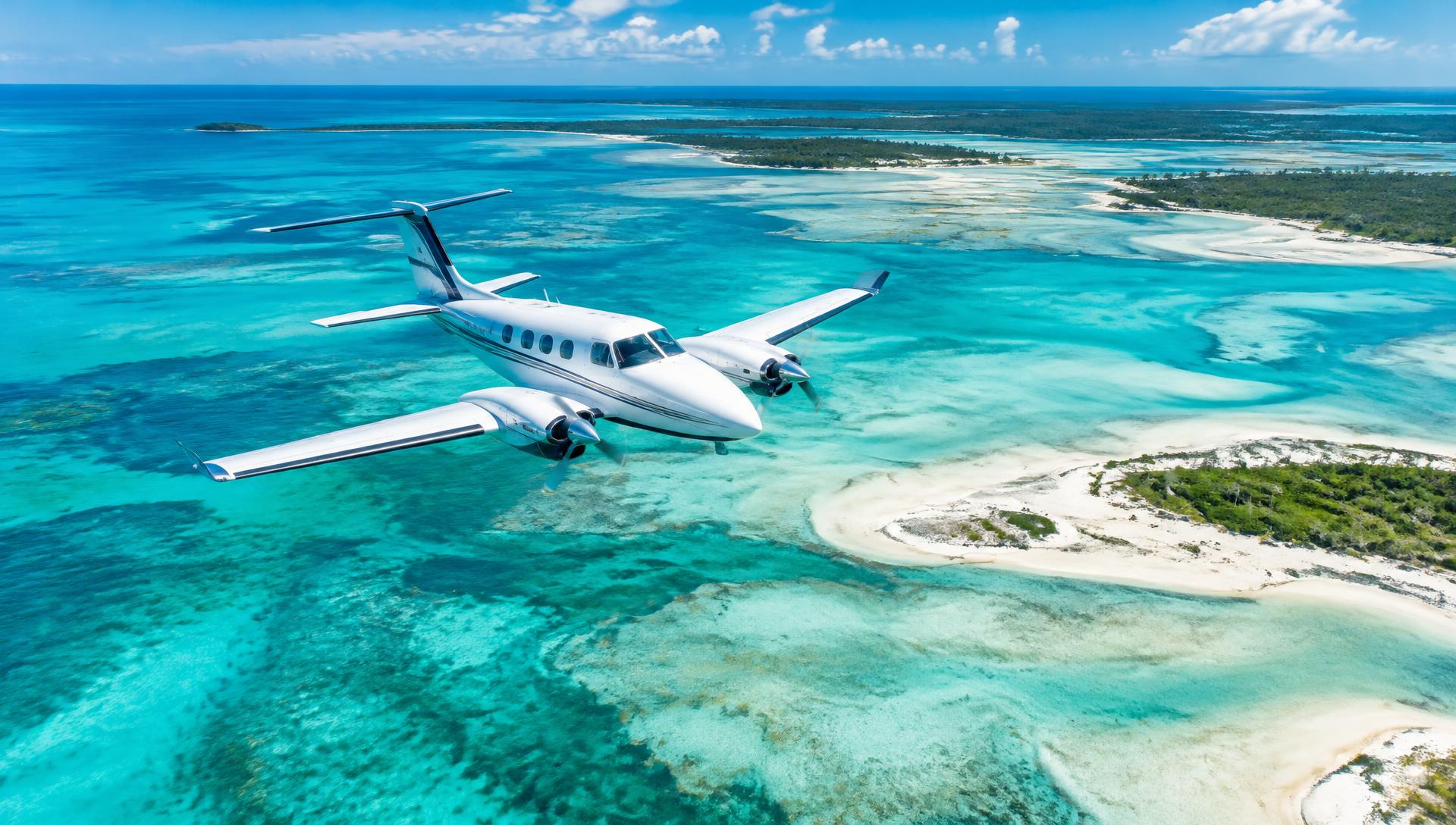 Twin-engine aircraft above turquoise Bahamian water (illustrative)