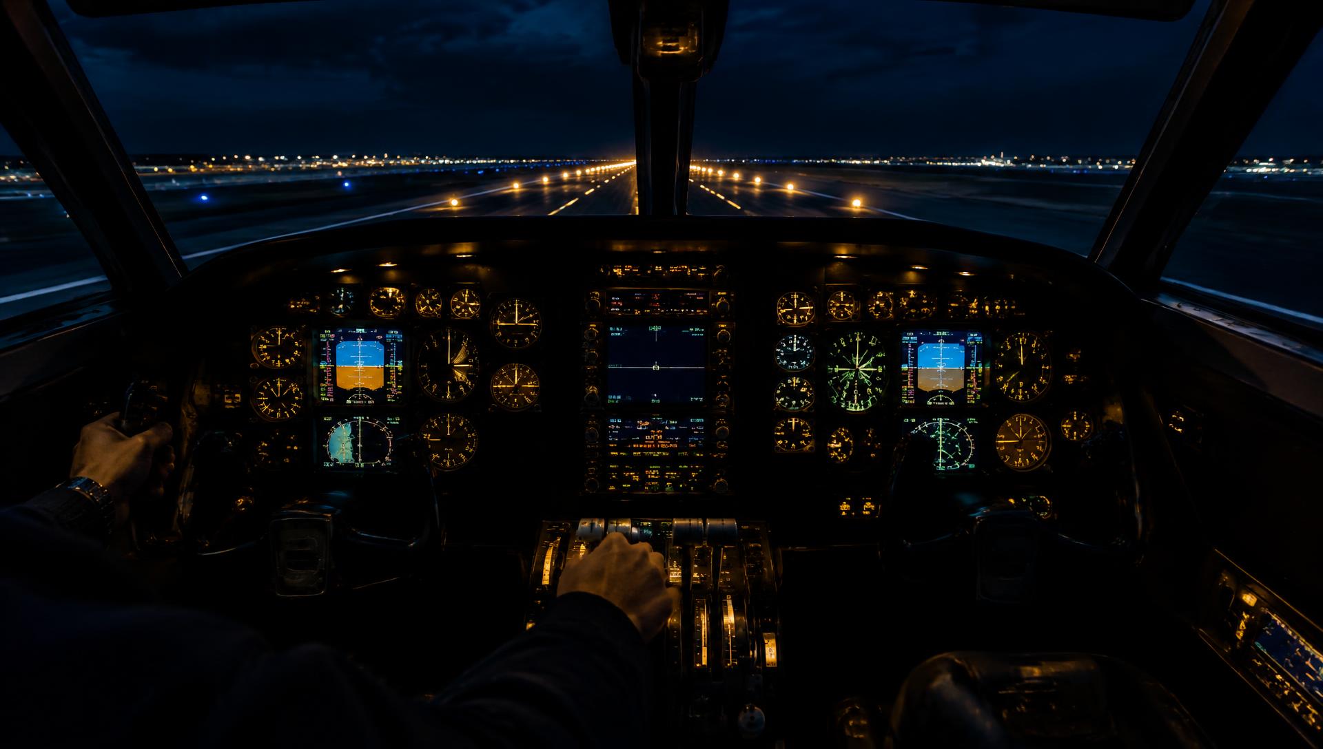Night cockpit view down a lit runway (illustrative)